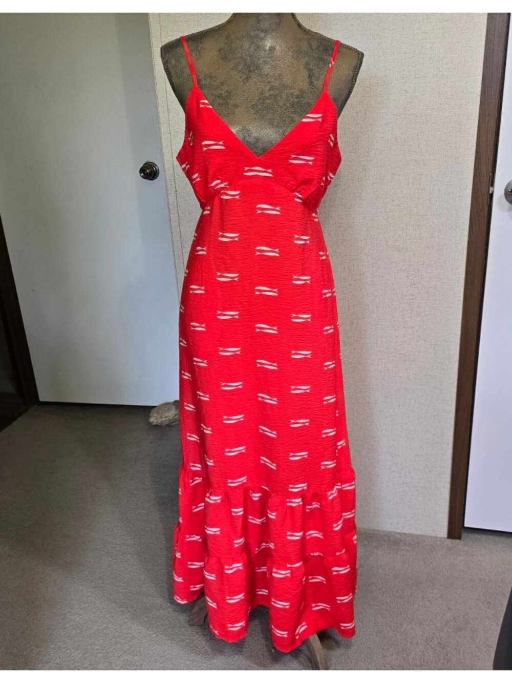 Medium Maxi Dress Red Fish Print Whimsical Sleeveless Strappy Back Tiered Boho